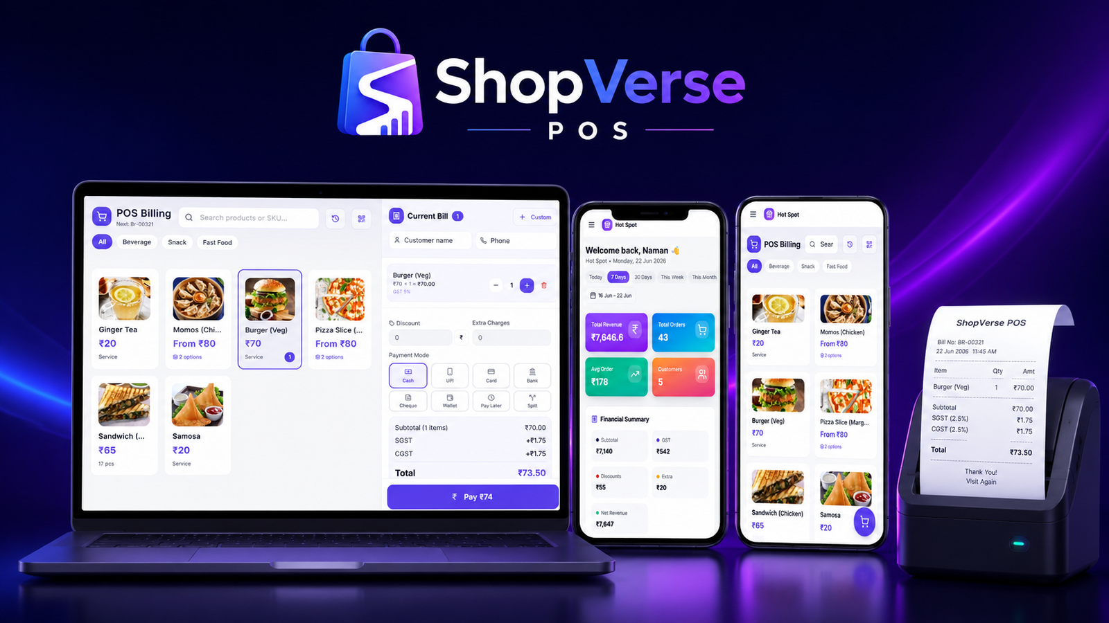 ShopVerse restaurant POS software dashboard on desktop, mobile and thermal printer